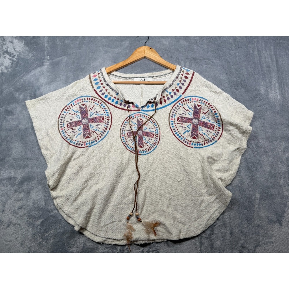 Forever 21 XX1 Poncho Top Womens Small Beige Aztec Print Cotton Tie Neck Boho